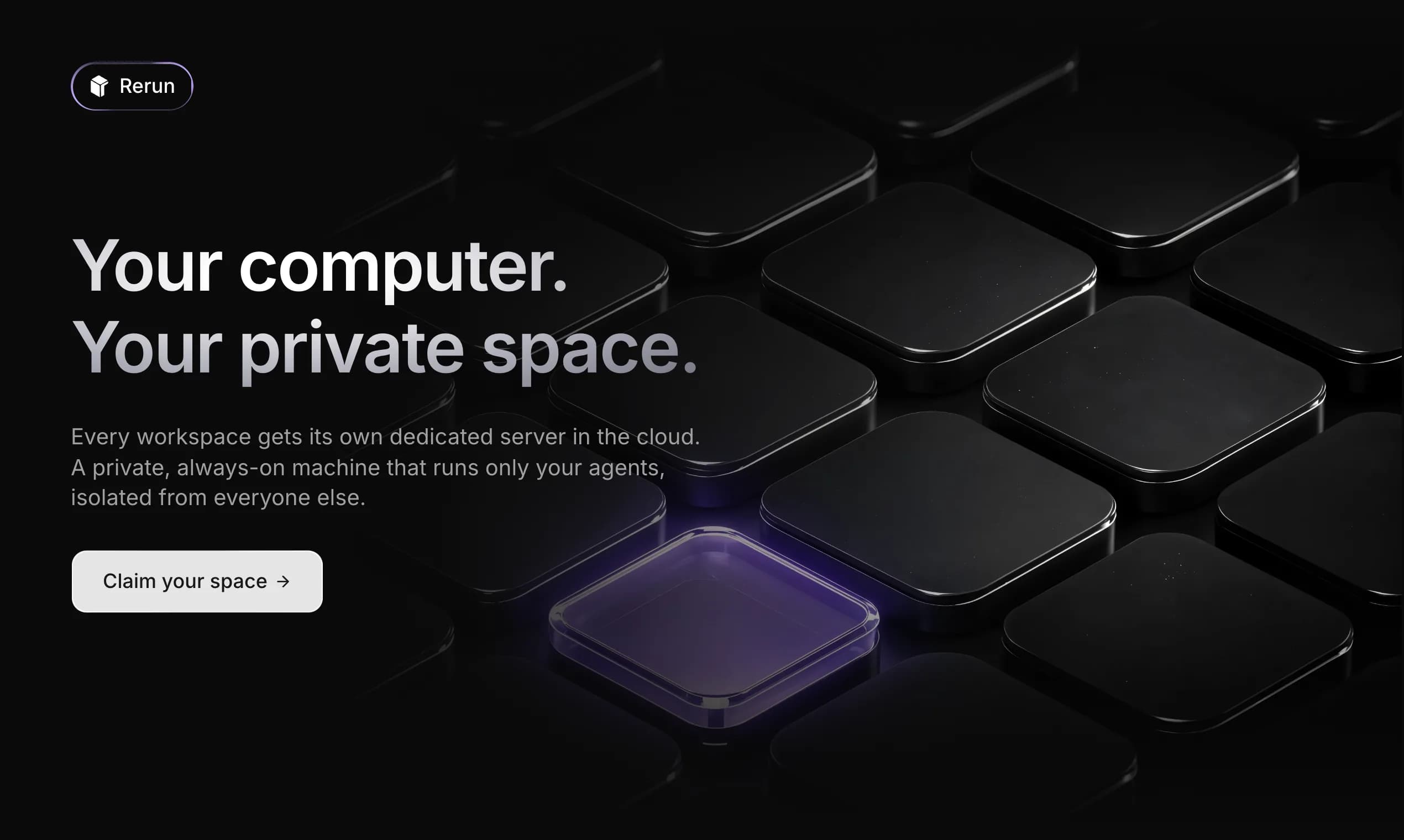 Rerun private-space banner showing a grid of black 3D tiles with one glowing violet tile, representing a dedicated isolated cloud server per workspace.