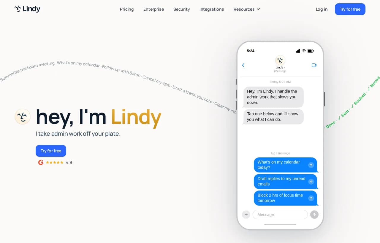 Lindy AI landing page hero showing an assistant that handles email, scheduling and admin from iMessage