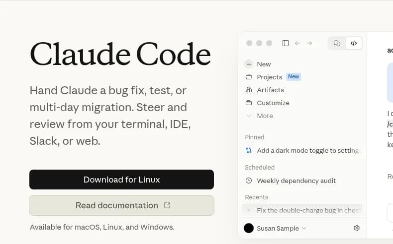 Claude Code product page hero reading Hand Claude a bug fix, test, or multi-day migration, with download and docs buttons
