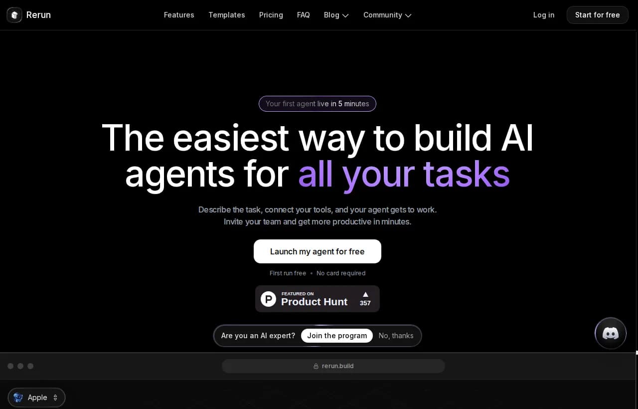Rerun landing page showing autonomous agents on a live dashboard with human-in-the-loop approvals