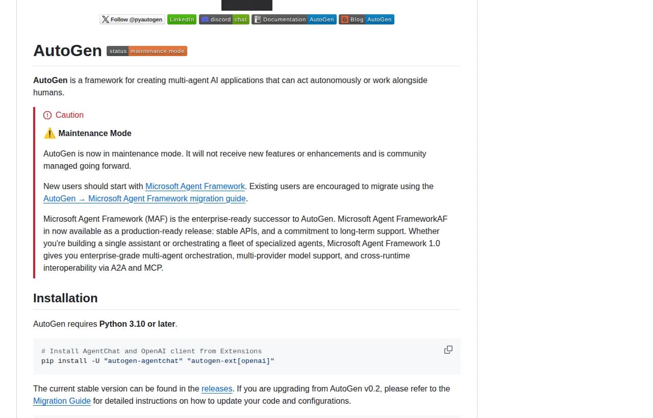 Microsoft AutoGen GitHub repository README showing the AutoGen title and a Maintenance Mode caution banner
