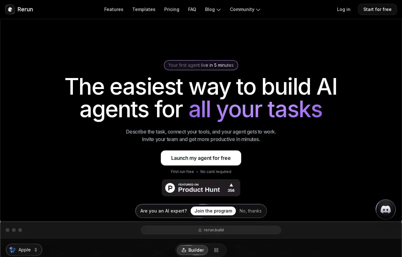 Rerun landing page hero, the easiest way to build AI agents you can watch work, first agent live in minutes