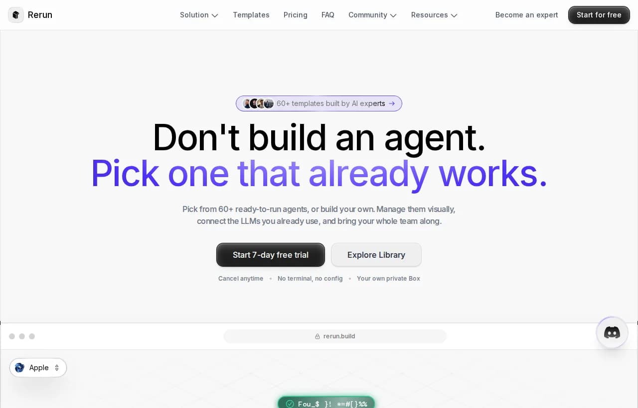 Rerun landing page, pick from ready-to-run agents and manage them visually in your own private Box