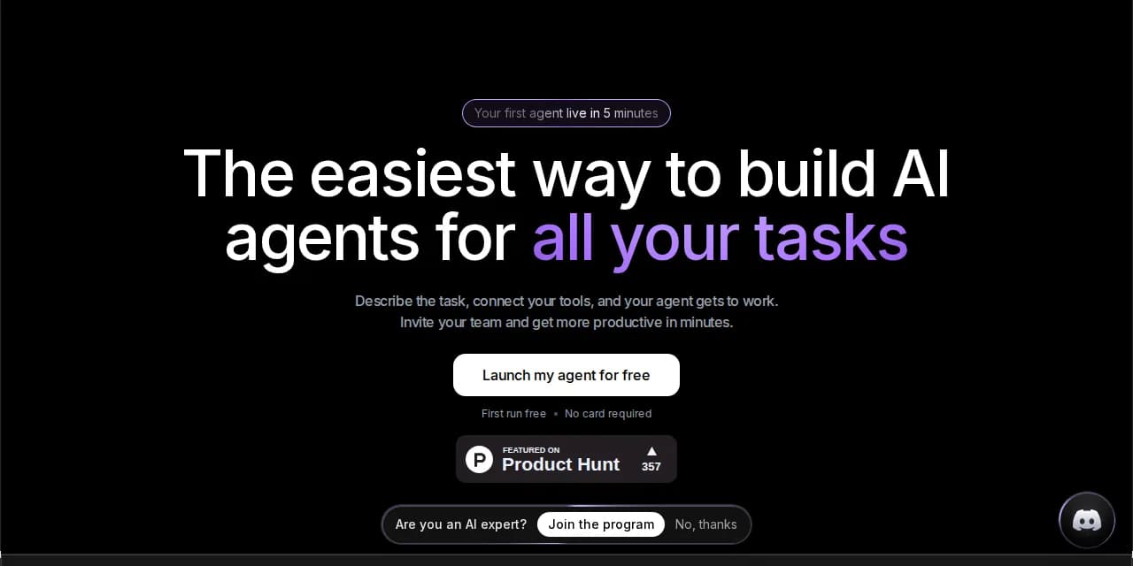 Rerun landing page showing the headline the easiest way to build AI agents for all your tasks with a launch button