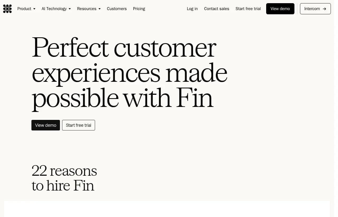 Intercom Fin landing page hero showing Perfect customer experiences made possible with Fin