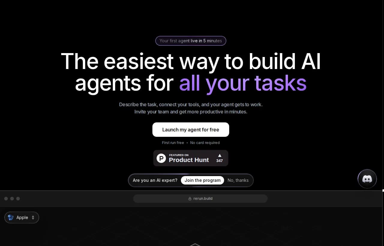 Rerun landing page hero showing the easiest way to build AI agents you can watch work live