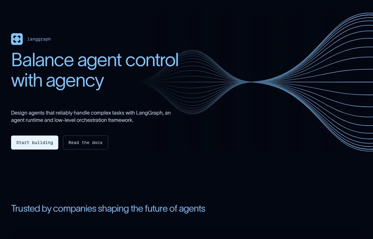 LangGraph product page hero explaining agent control and low-level orchestration