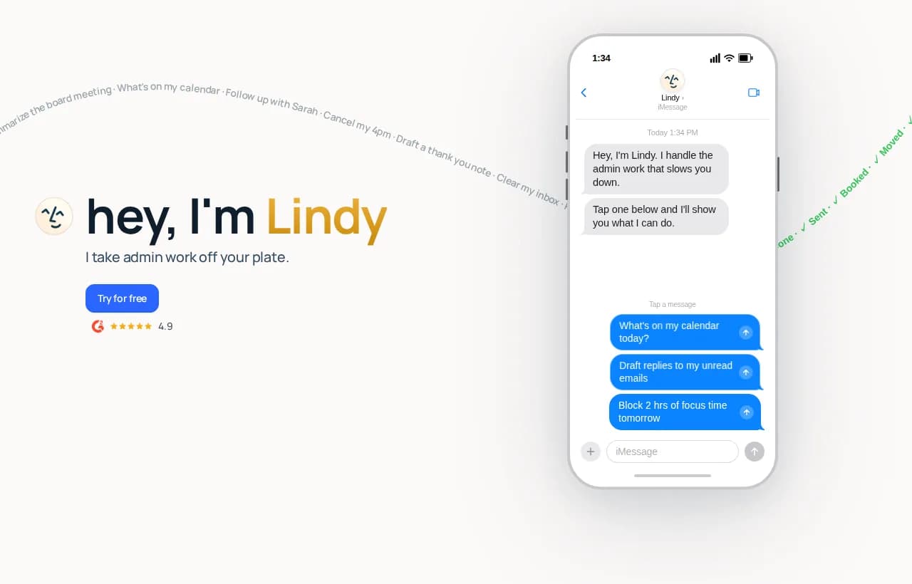 Lindy landing page hero showing an AI assistant that takes admin work off your plate