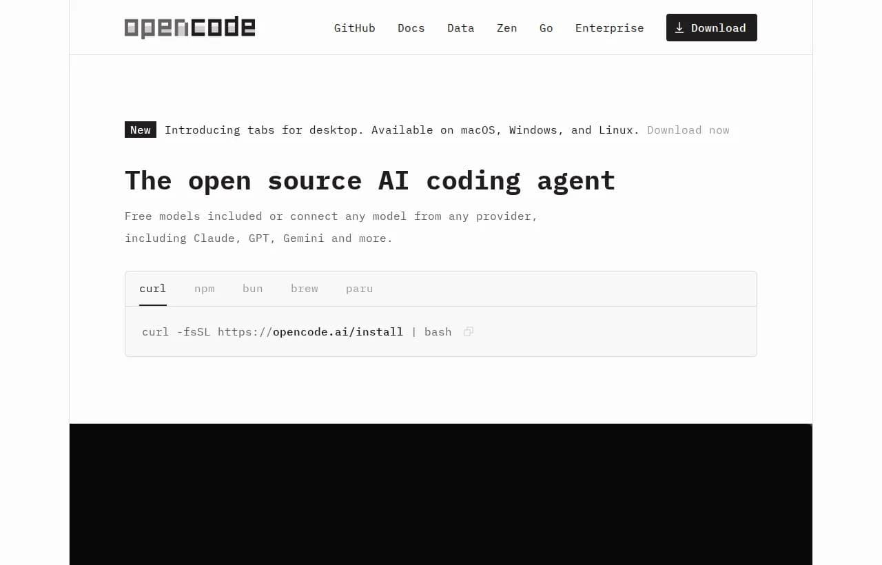 OpenCode landing page hero, the open source AI coding agent for terminal, IDE and desktop