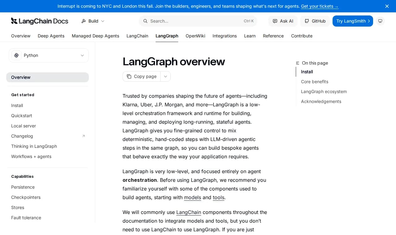LangGraph documentation overview describing a low-level orchestration framework and runtime for stateful agents