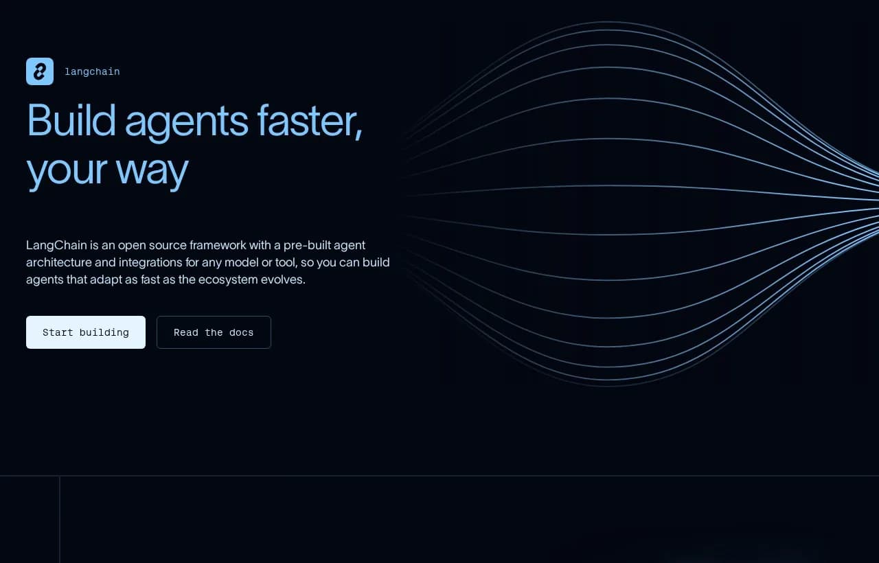 LangChain landing page hero reading Build agents faster, your way, with create_agent on LangGraph's durable runtime