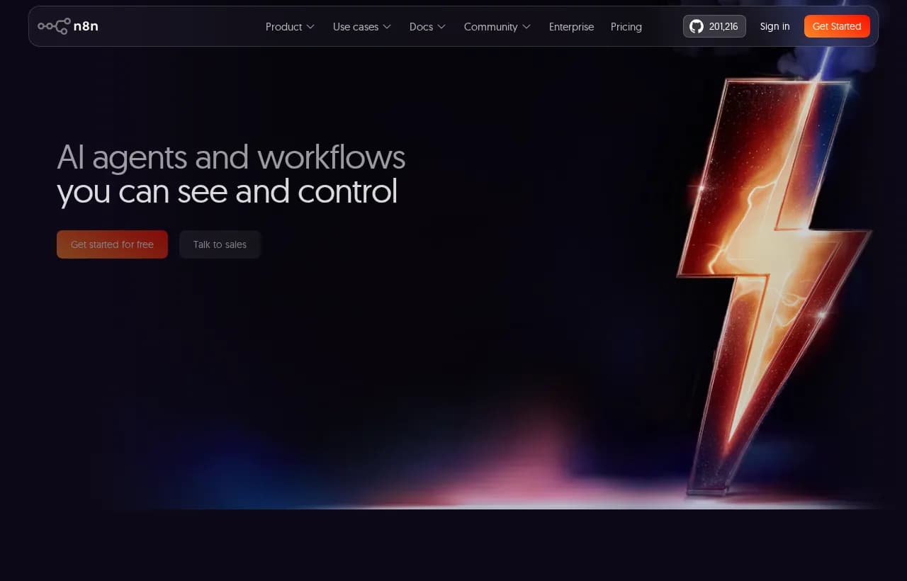 n8n landing page hero showing AI agents and workflows you can see and control on a visual canvas
