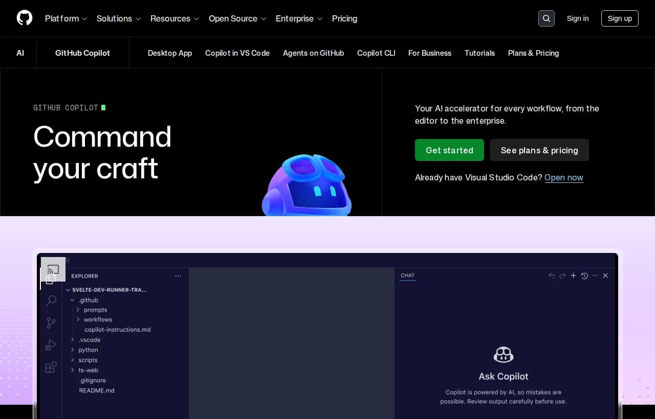GitHub Copilot product page in 2026, showing cloud agents, multi-model support including GPT-5 and Opus, and enterprise governance controls