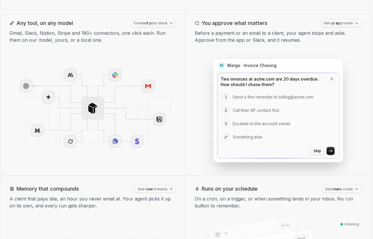Rerun approval card showing an agent pausing to ask a human whether to chase two overdue invoices, with numbered options and a skip button
