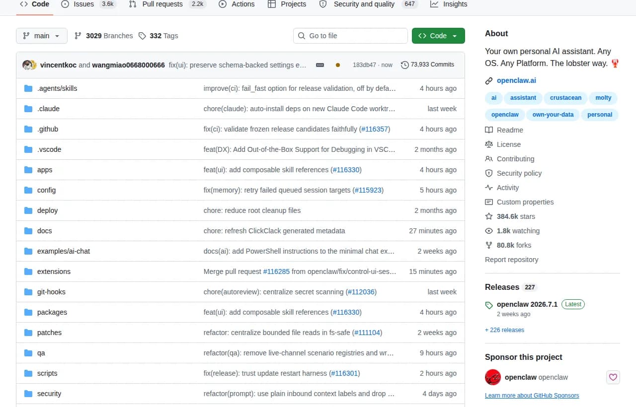 OpenClaw open-source repository on GitHub showing the TypeScript control-plane assistant, description, and language breakdown