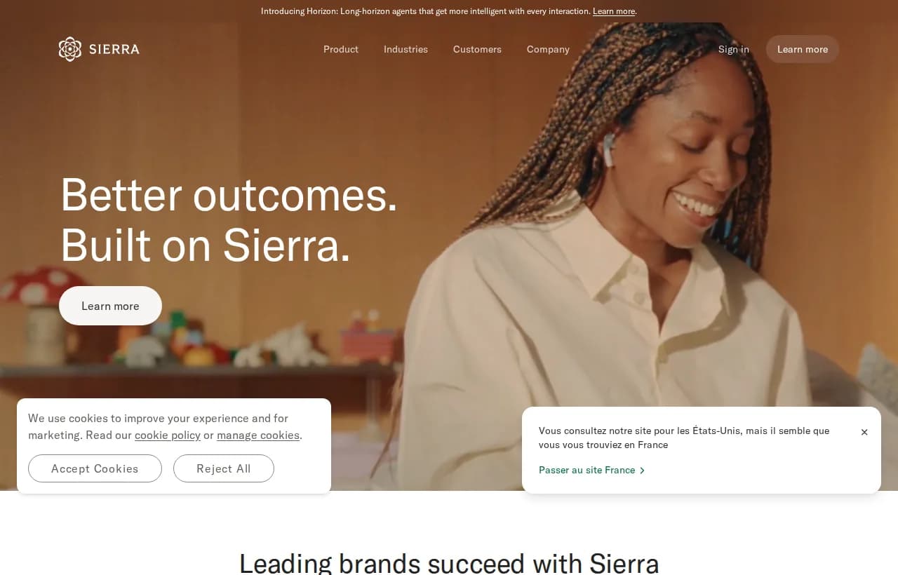 Sierra AI landing page hero reading Better outcomes built on Sierra with a chat widget