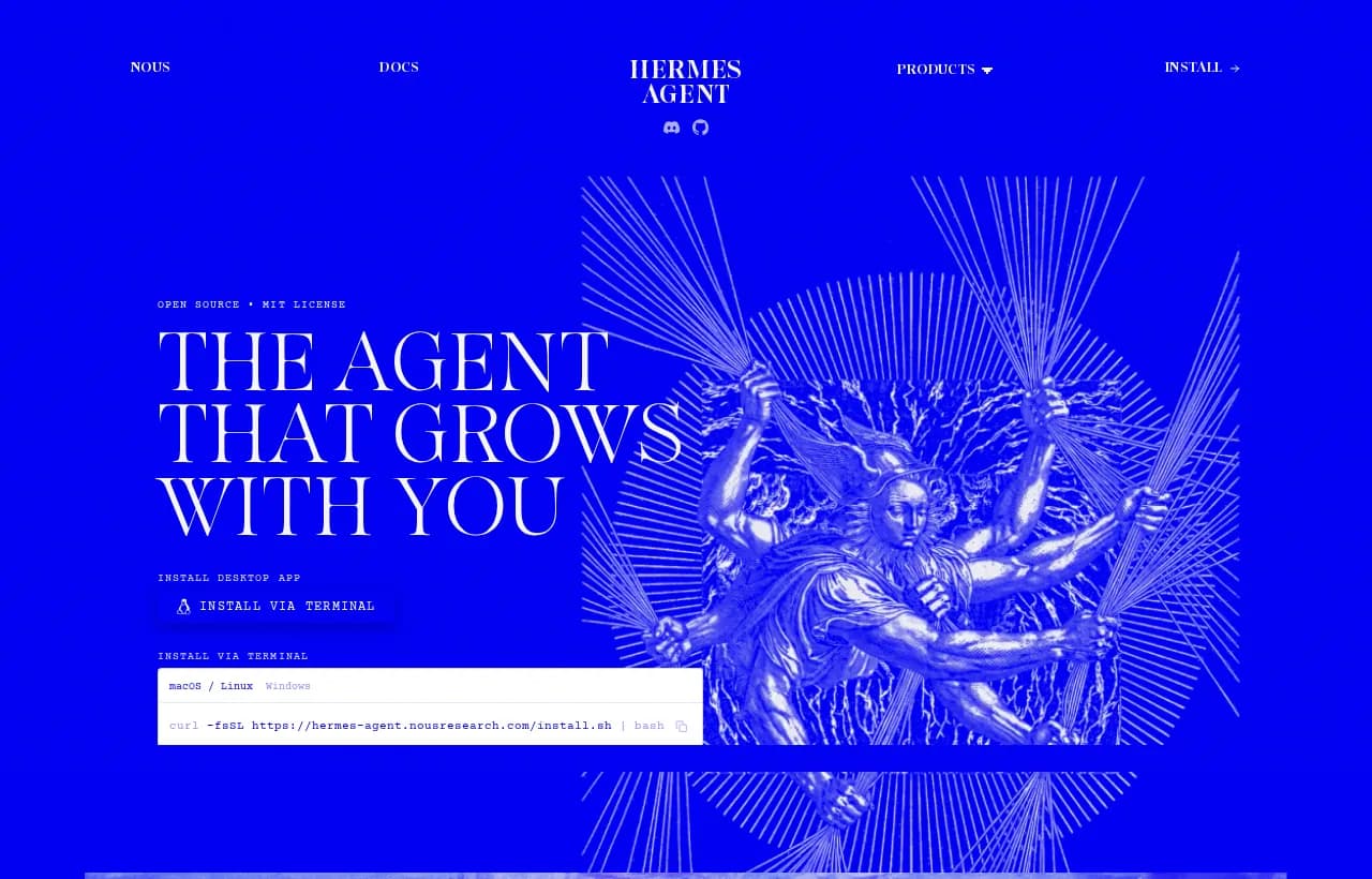 Hermes Agent landing page hero, showing the open-source MIT-licensed agent by Nous Research with terminal install options