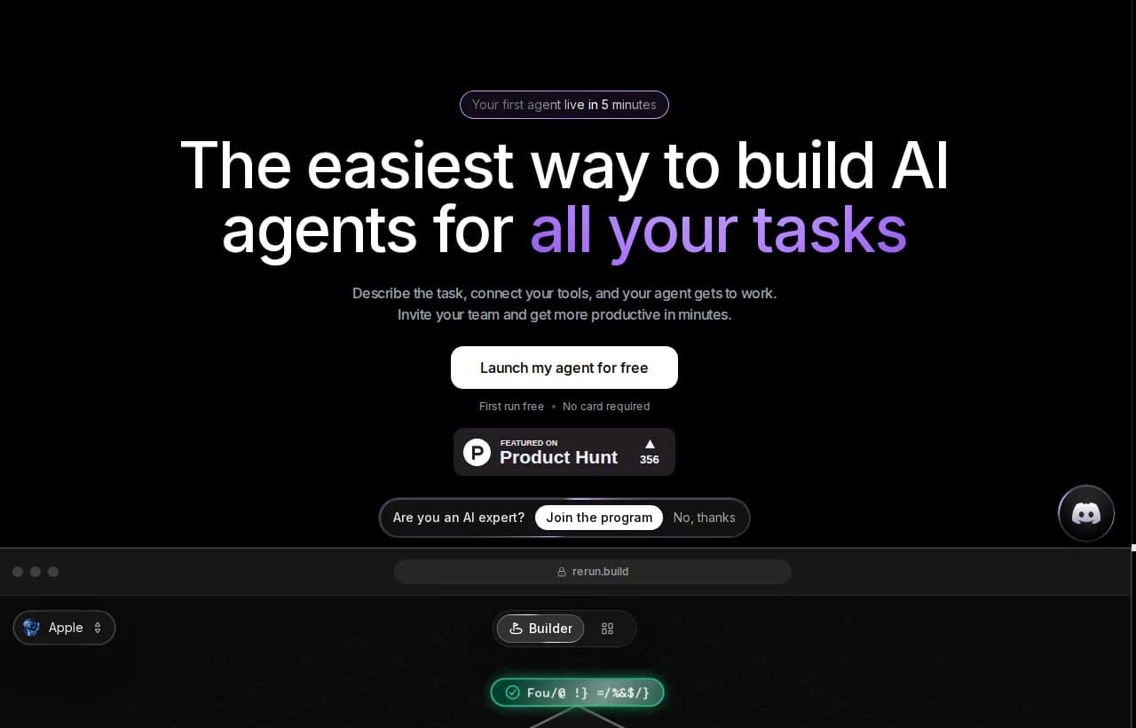 Rerun landing page hero showing the easiest way to build AI agents, with a live dashboard preview