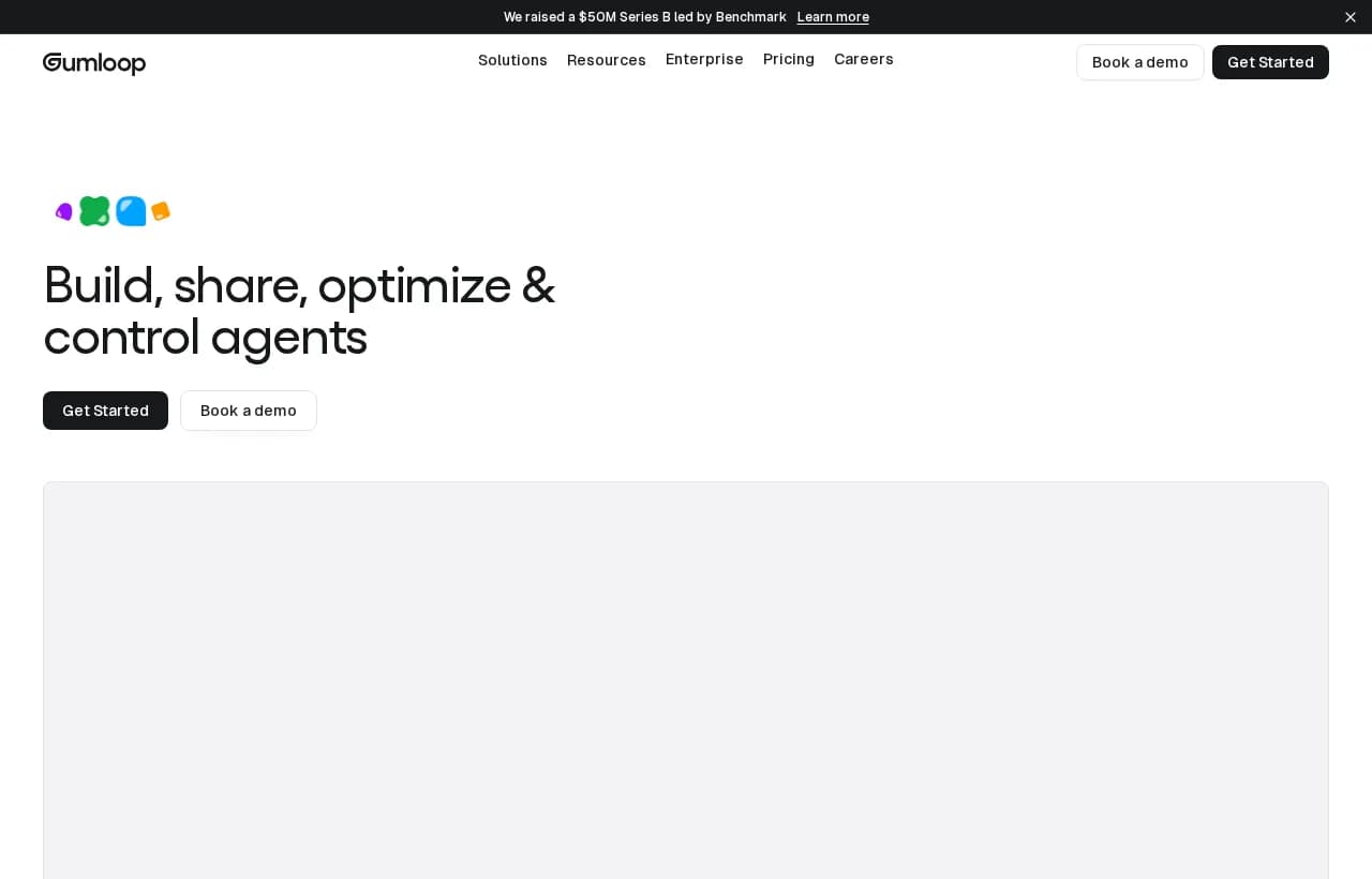 Gumloop homepage showing the build, share, optimize and control agents hero with customer case studies