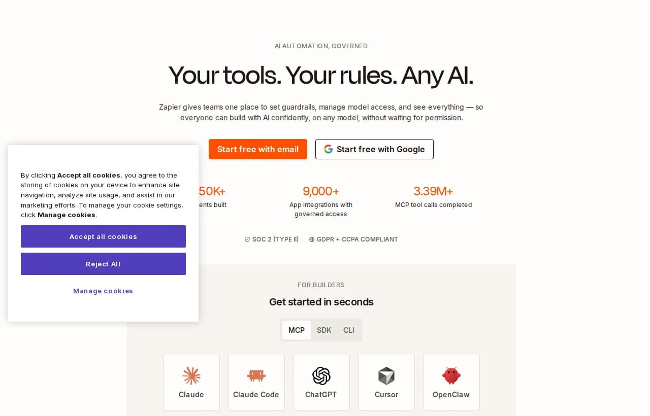 Zapier landing page showing its AI automation and governance positioning with app integration stats