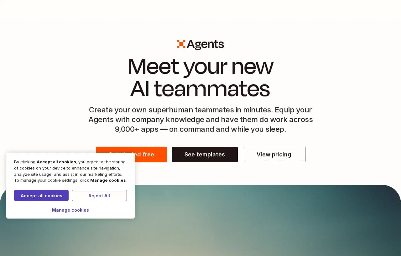 Zapier Agents landing page showing connect-across-9000-apps automation positioning