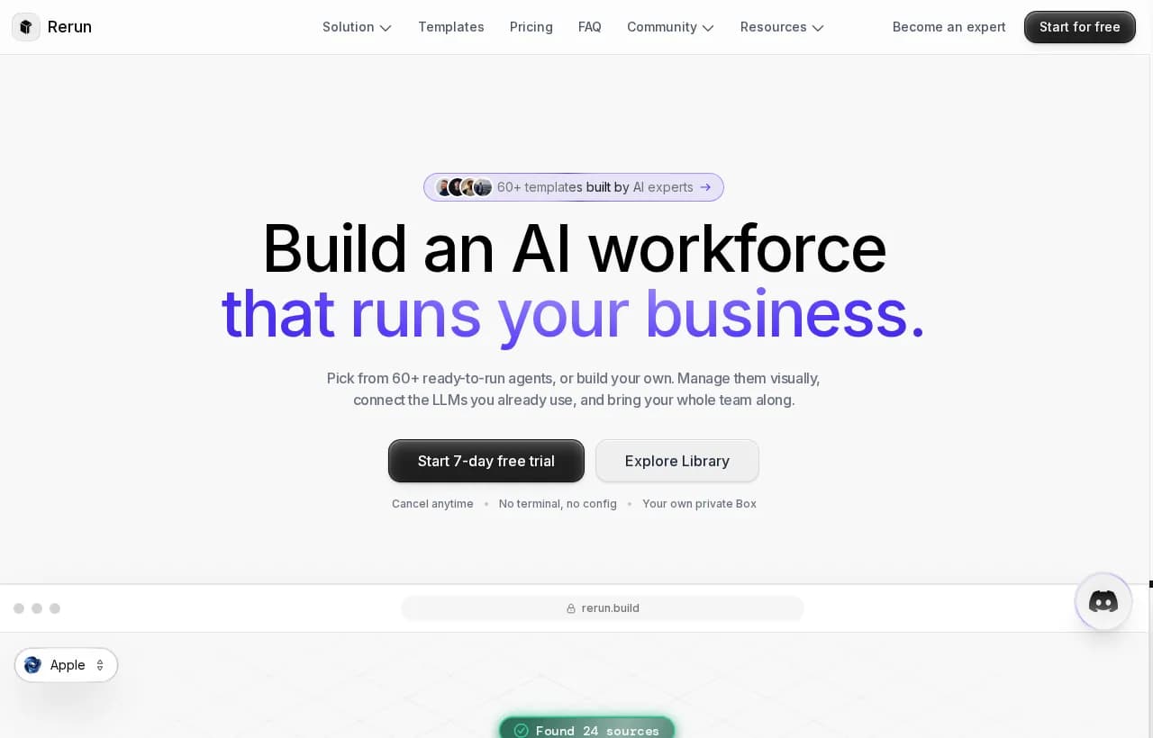 Rerun homepage hero showing the headline Build an AI workforce that runs your business with a 7-day free trial button