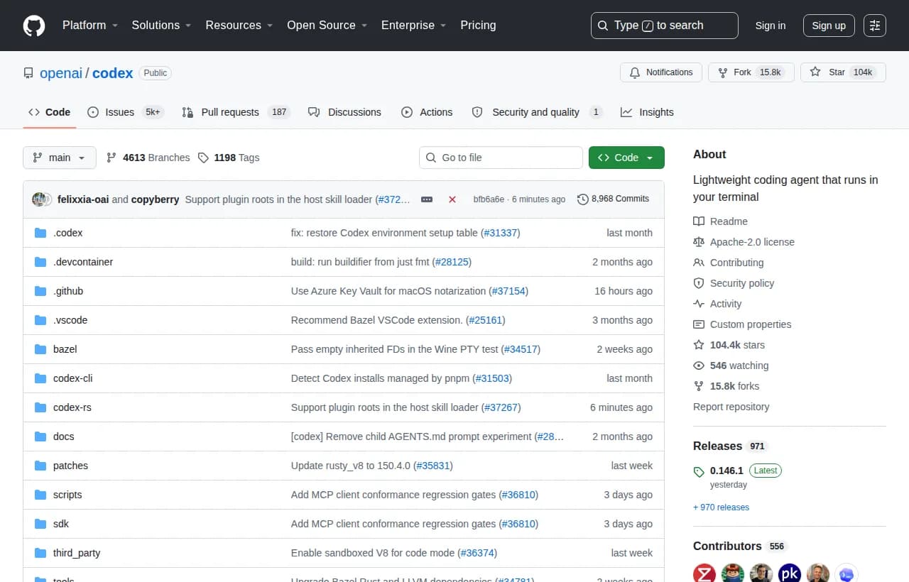 OpenAI Codex GitHub repository page showing the open-source coding agent with over 100k stars