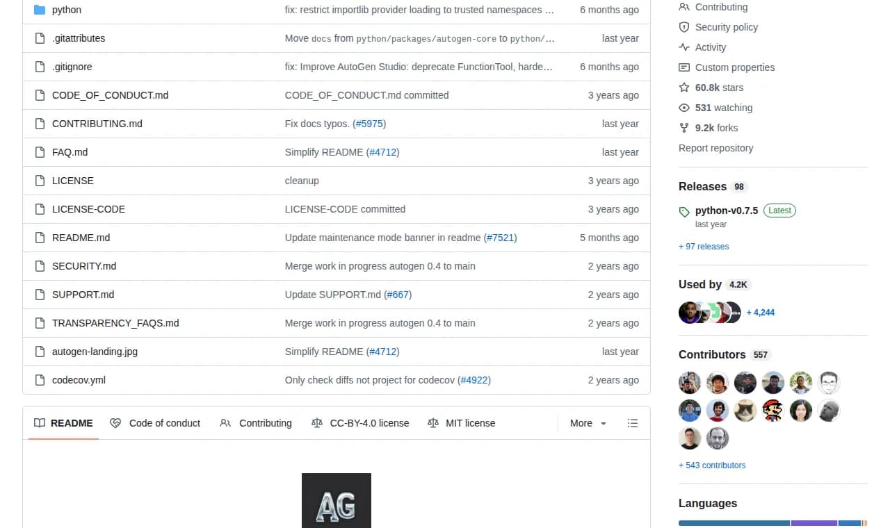 AutoGen GitHub README showing the Maintenance Mode caution banner and Microsoft Agent Framework migration notice