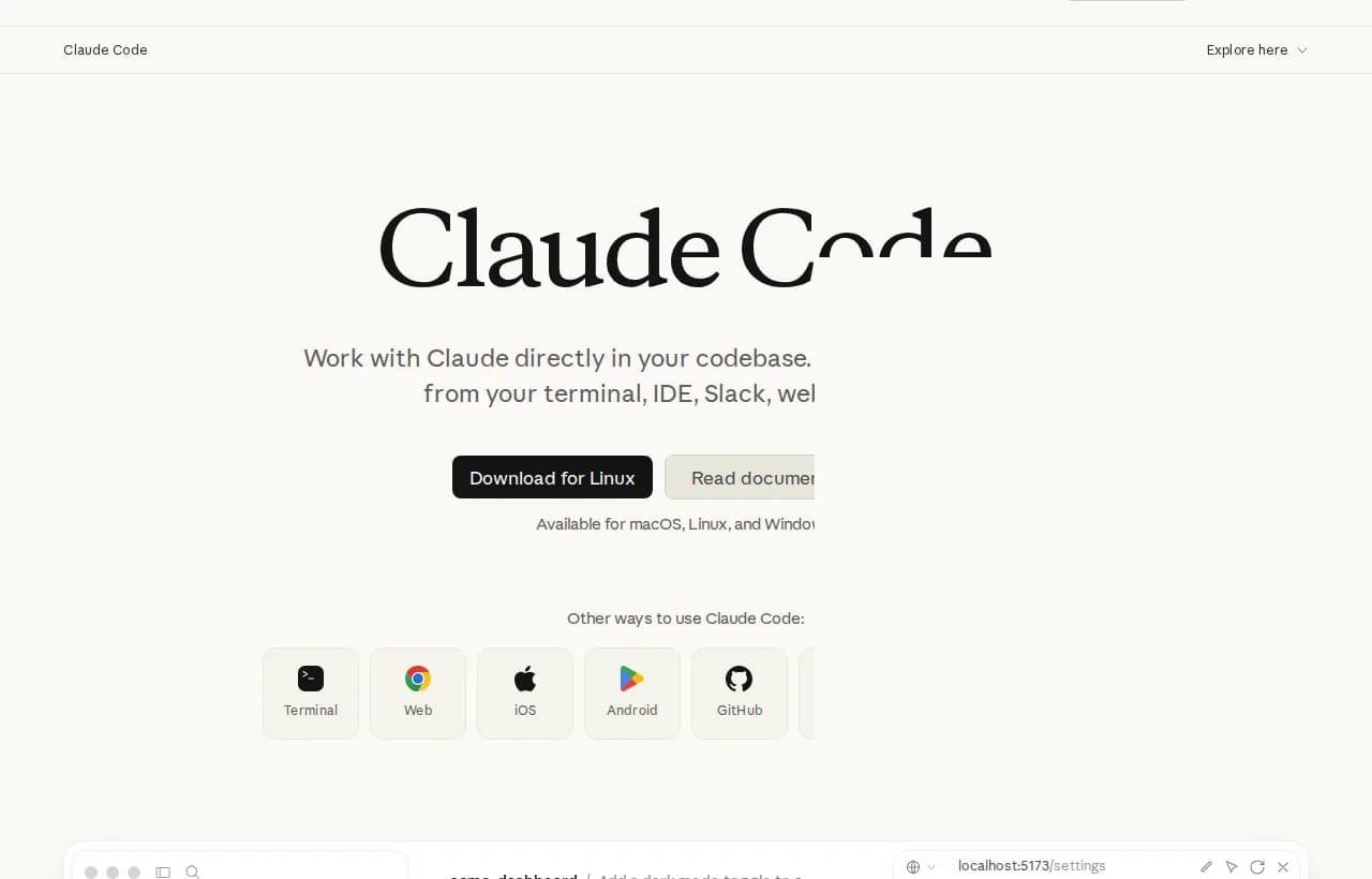 Claude Code landing page hero, an agent that works in your terminal, IDE, Slack and web