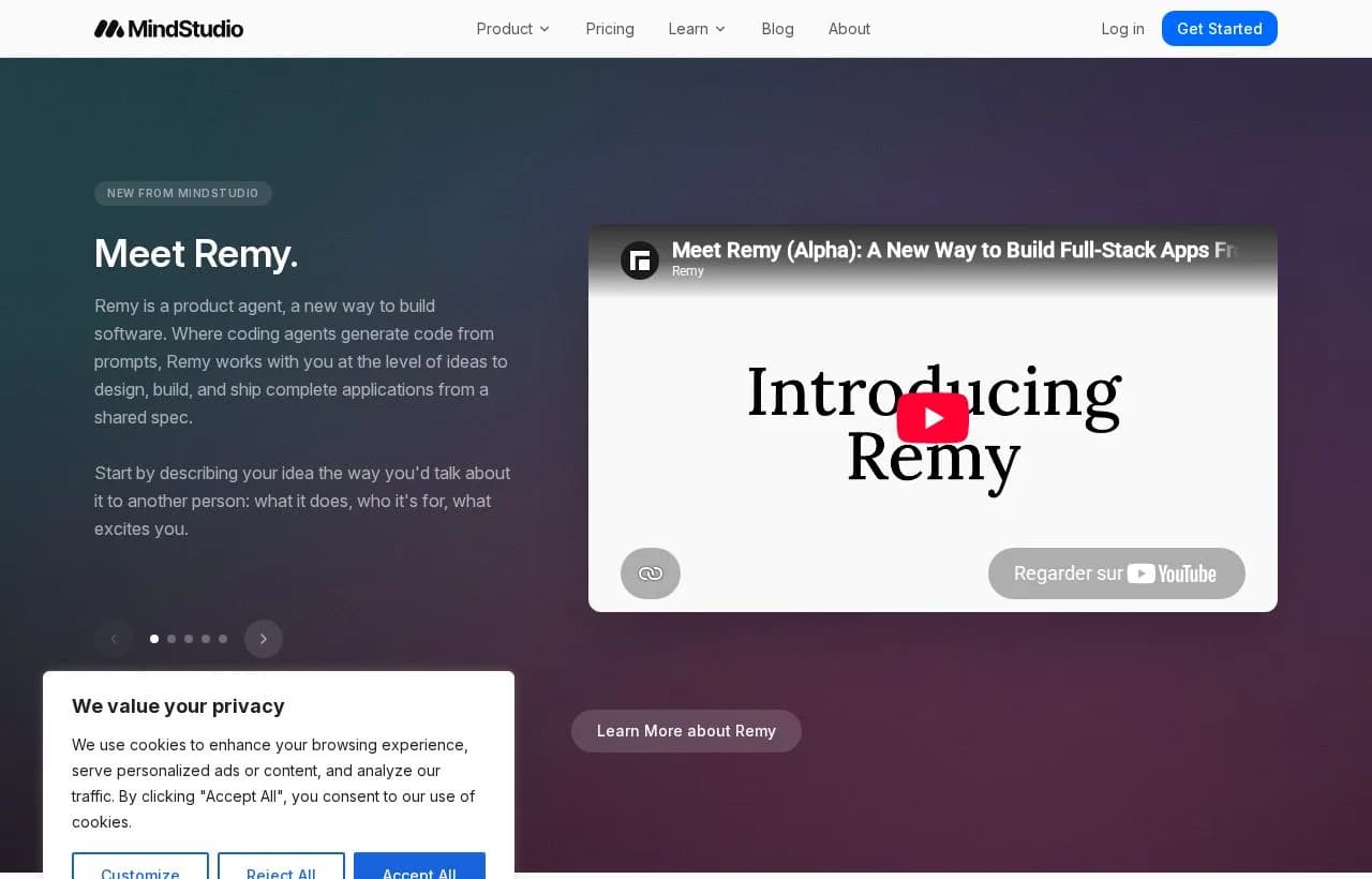 MindStudio landing page — hero section showing the no-code AI application builder with visual workflow interface
