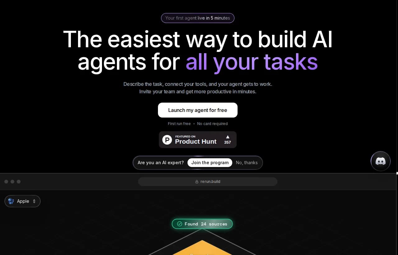 Rerun landing page showing autonomous agents, human-in-the-loop approvals, and a live monitoring dashboard
