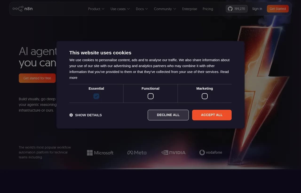 n8n landing page hero showing the AI agents and workflows you can see and control headline with visual canvas positioning