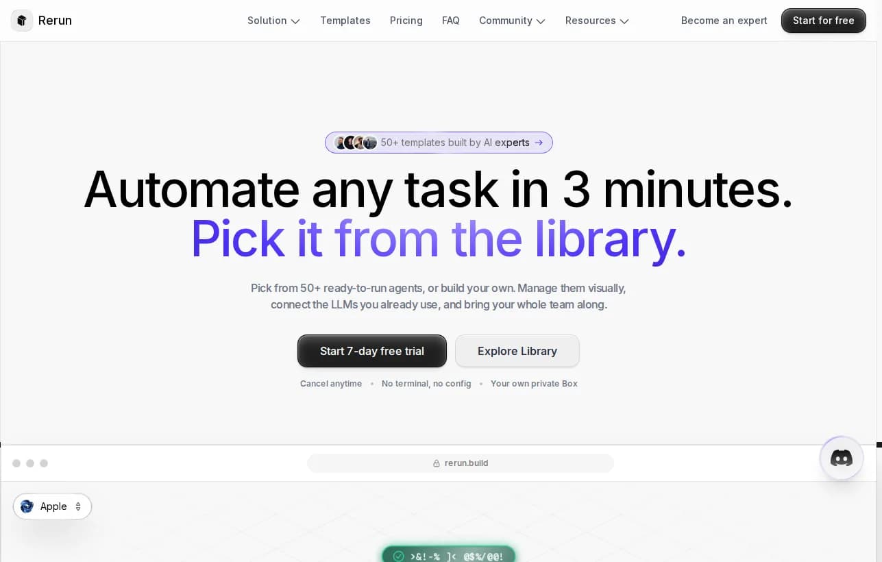 Rerun landing page hero showing automate any task in three minutes with a live agent dashboard