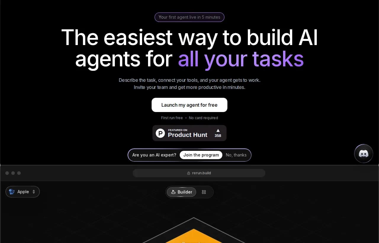 Rerun landing page hero showing the no-code way to build AI agents you can watch work live