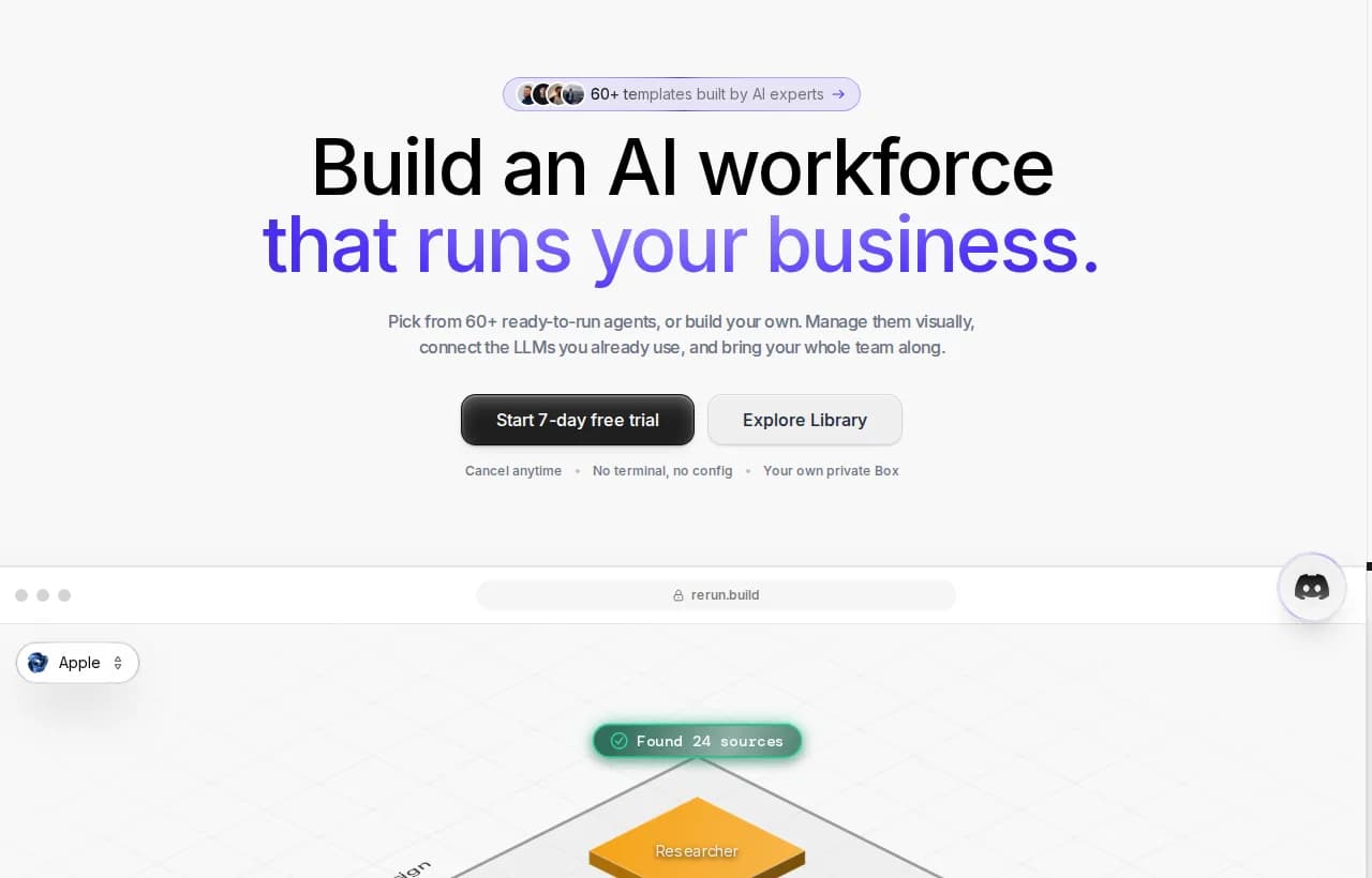 Rerun landing page showing an AI workforce you build, connect, and watch run in a private cloud Box