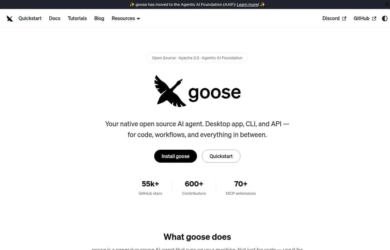 goose landing page showing Apache 2.0 license, Agentic AI Foundation badge and 55k GitHub stars