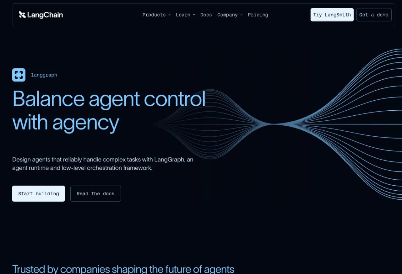LangGraph landing page — hero section showing the agent graph framework headline and Get Started CTA