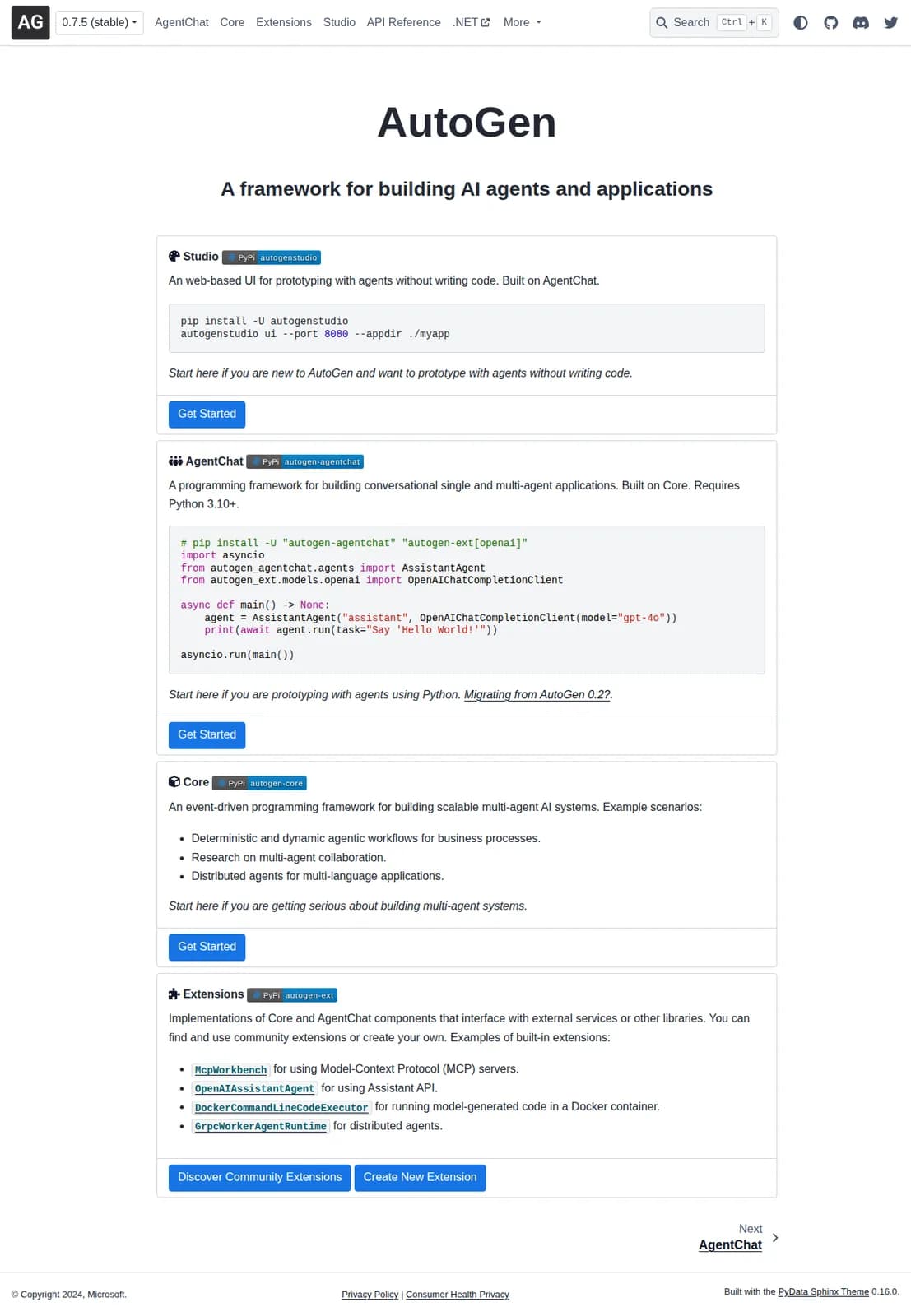 AutoGen by Microsoft — hero section of the open-source multi-agent conversation framework