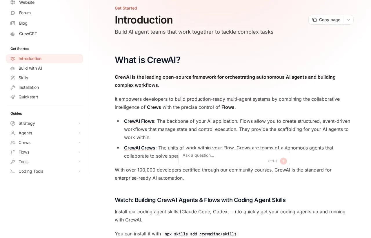 CrewAI documentation introduction describing Crews and Flows architecture for multi-agent systems