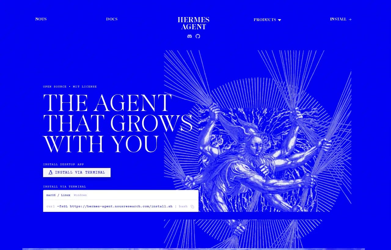 Hermès Agent official site by Nous Research, MIT-licensed open-source agent that connects to Slack, Discord and email