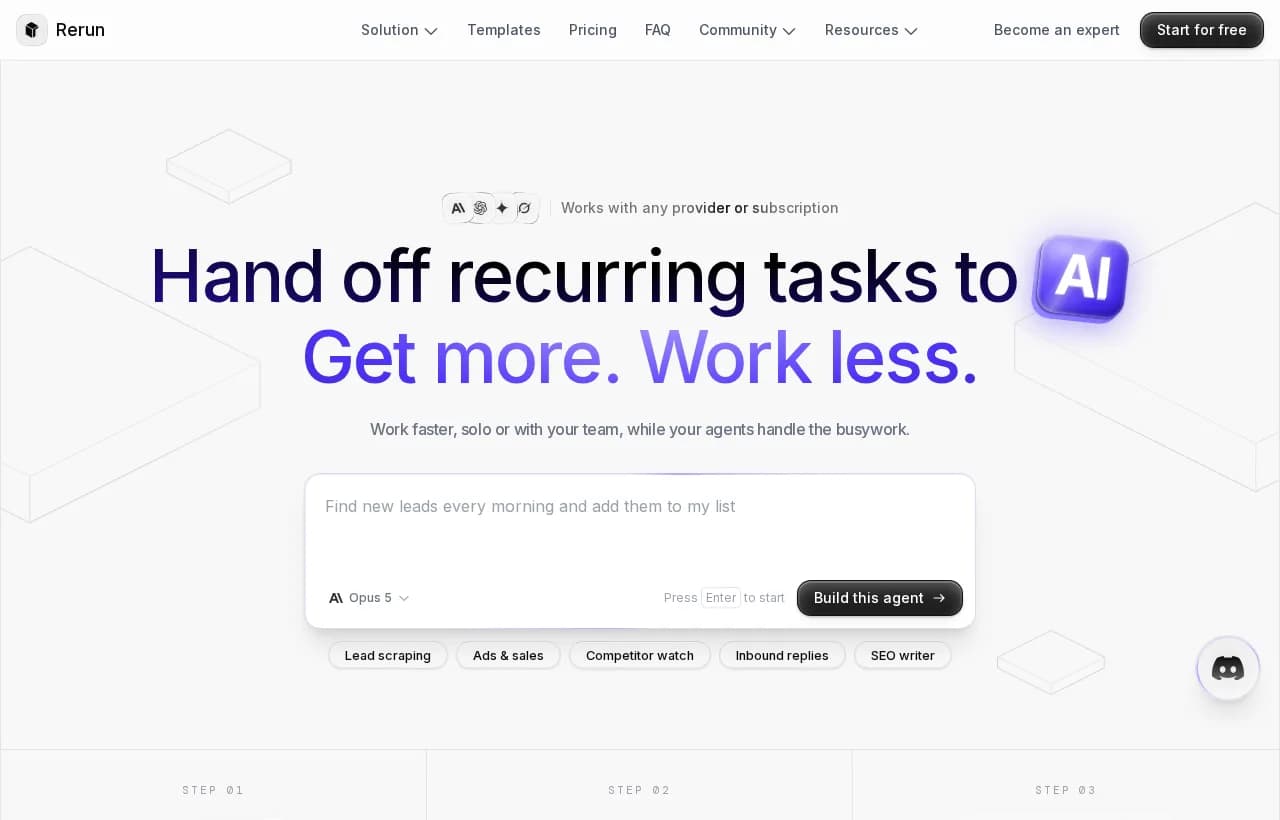 Rerun landing page showing the hand off recurring tasks to AI hero and agent setup steps