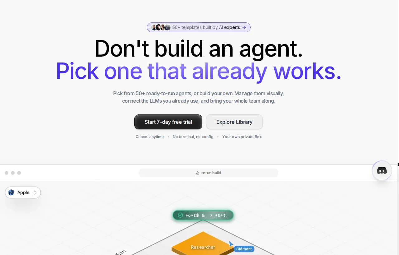 Rerun landing page hero showing ready-to-run agents you pick and watch work live on a dashboard