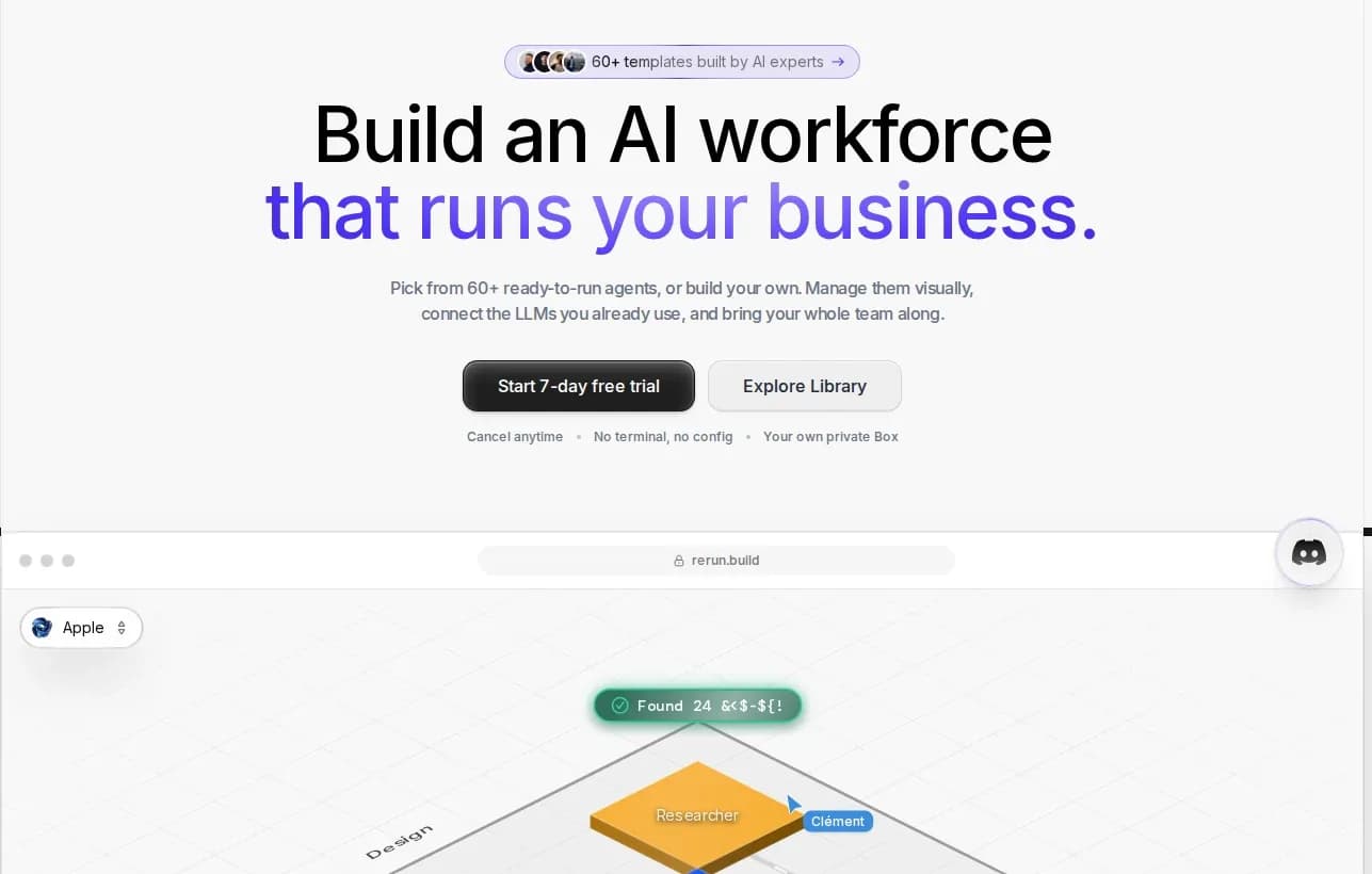 Rerun homepage showing build an AI workforce that runs your business with a live agent dashboard