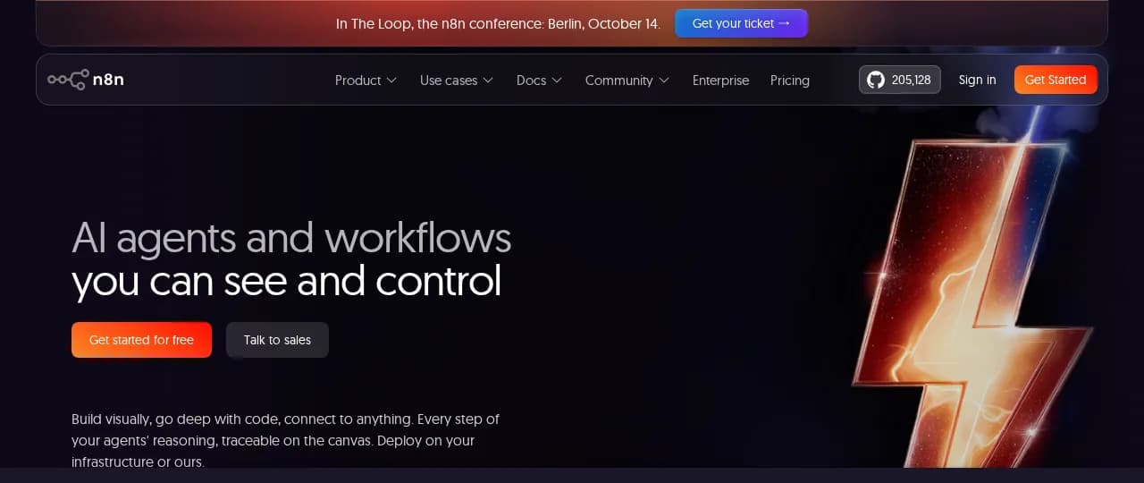 n8n homepage hero reading AI agents and workflows you can see and control with 205,128 GitHub stars