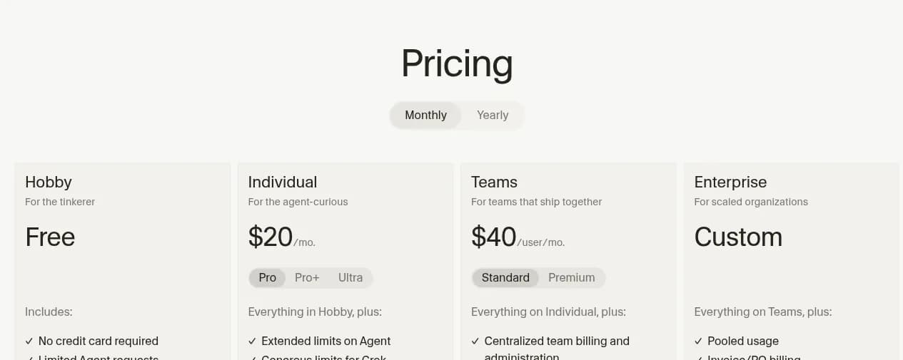 Cursor pricing page in October 2026 showing Hobby free, Individual from $20/mo, Teams from $40 per user and custom Enterprise plans