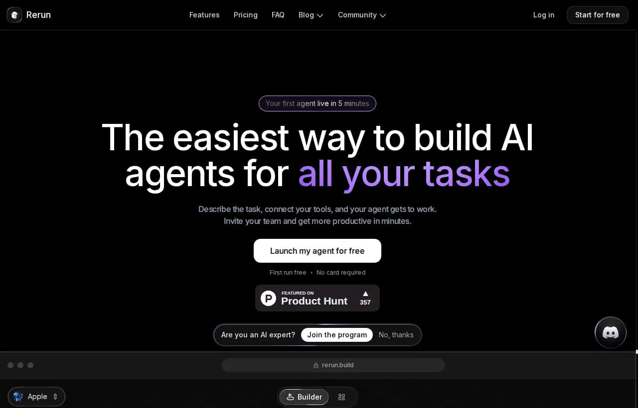 Rerun landing page showing the build-an-agent hero and the live agent dashboard