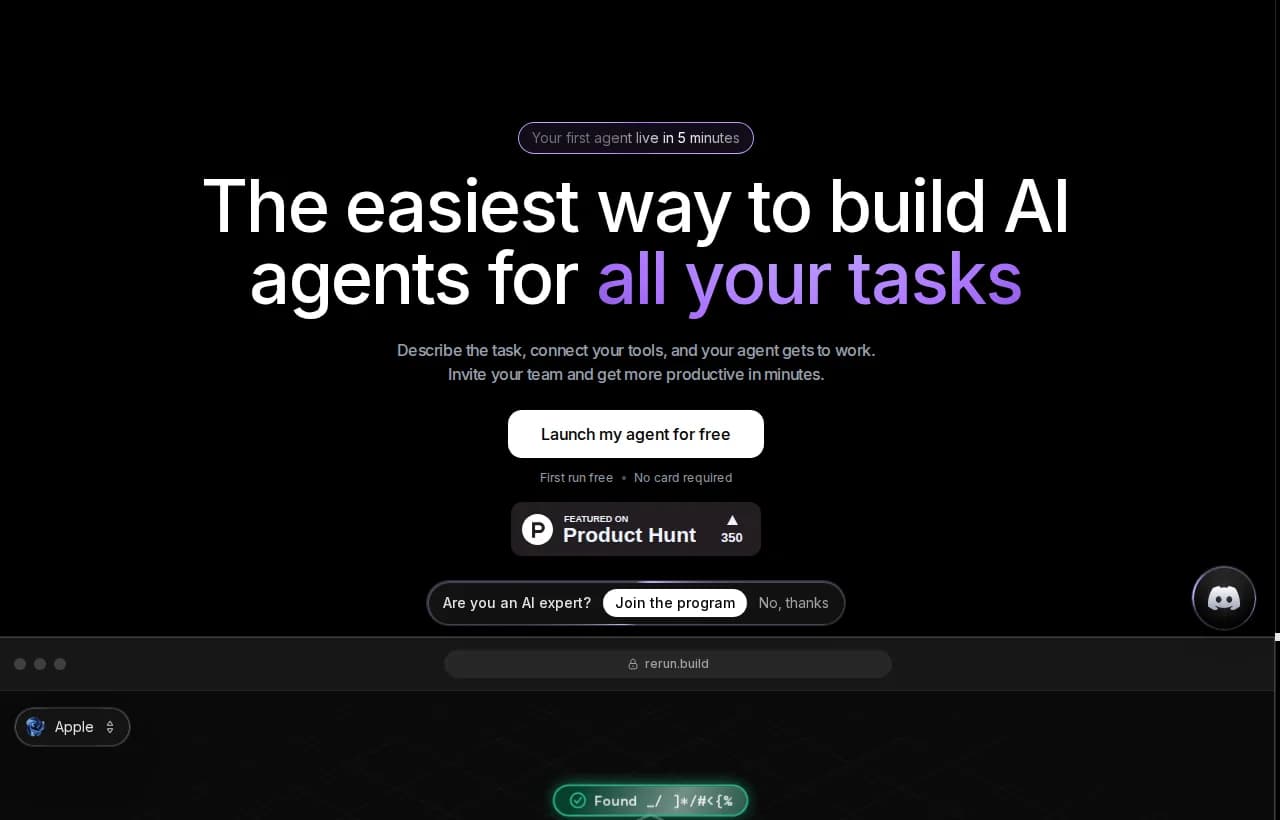 Rerun landing page showing the build-an-agent headline and a grid of live agents you can watch work