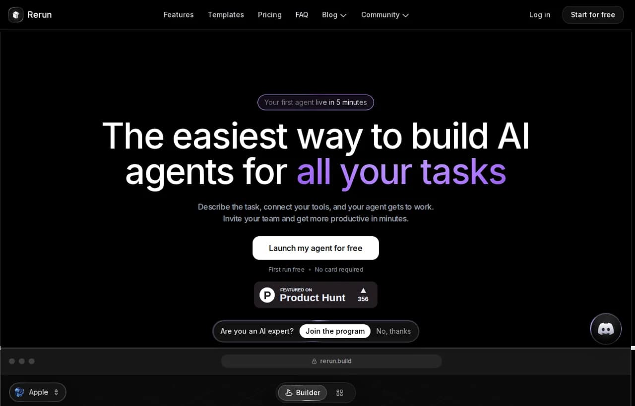 Rerun landing page hero showing the no-code control plane for building and watching autonomous AI agents work live