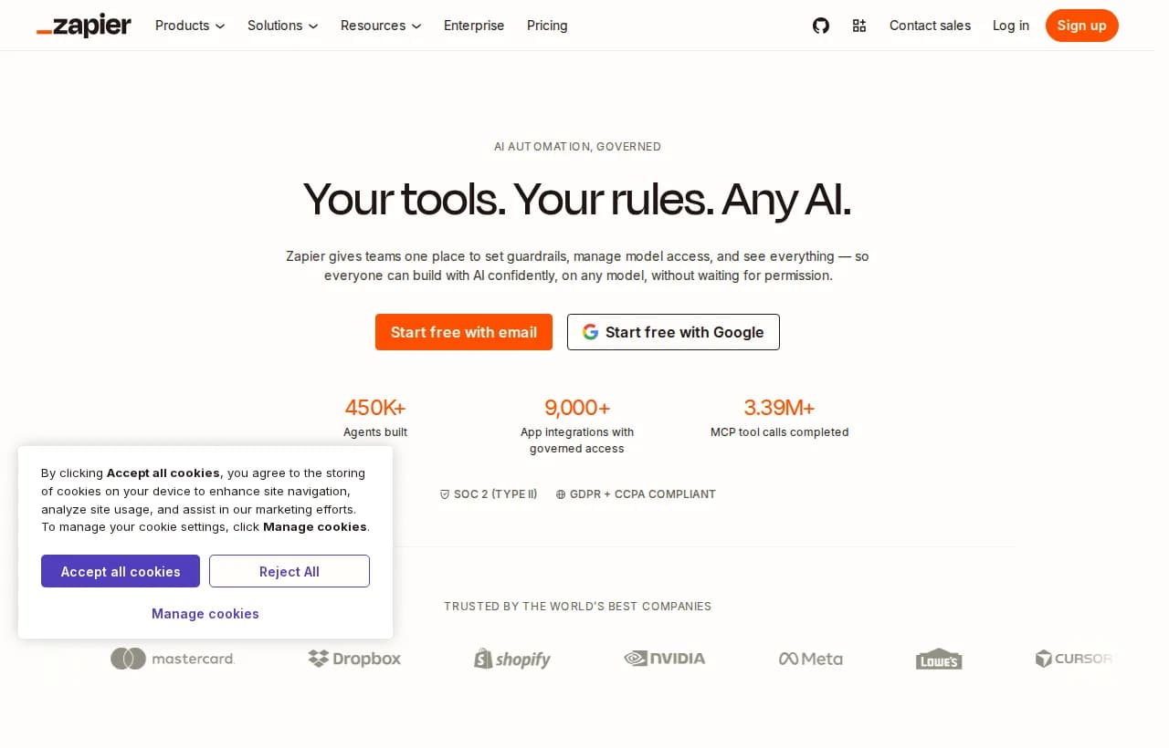Zapier landing page — hero section showing the AI automation tool for connecting apps and workflows