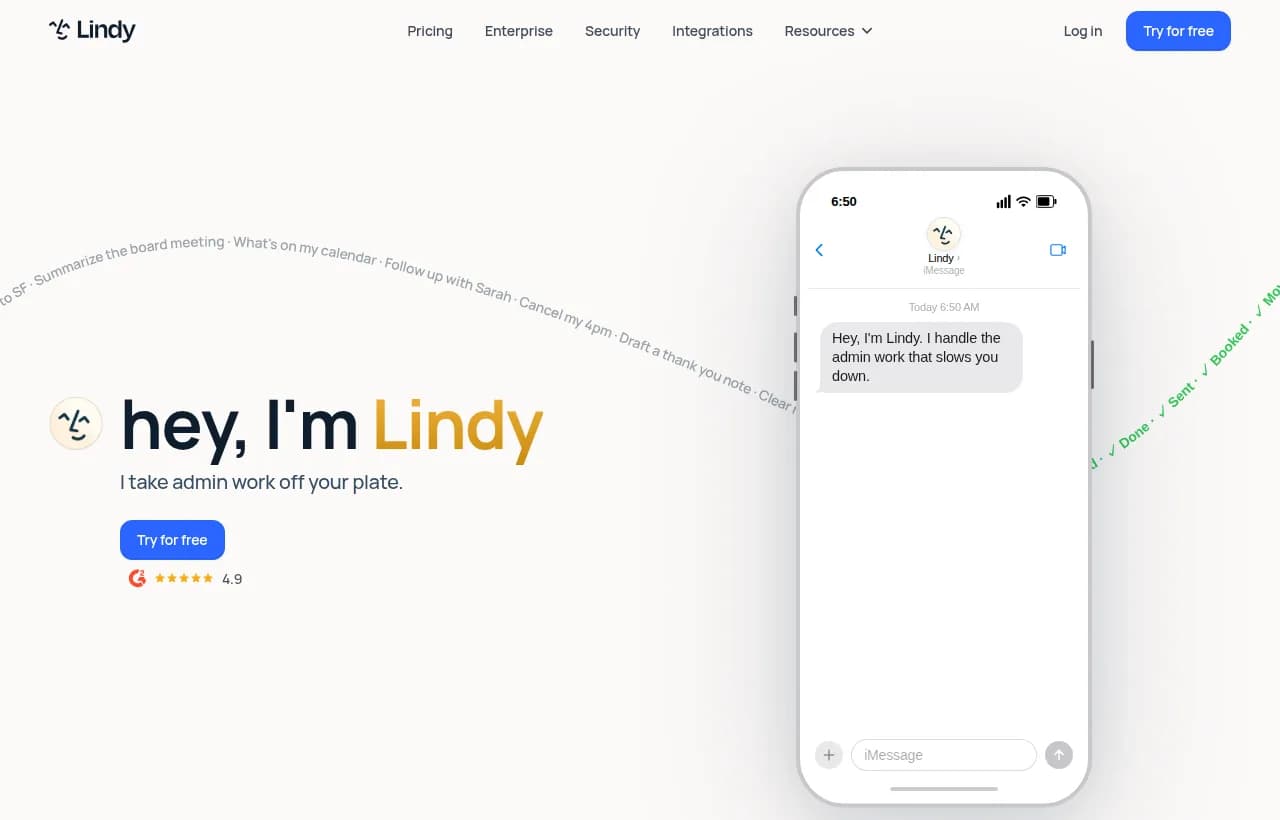 Lindy.ai landing page — hero section showing the AI agent platform for sales and support automation